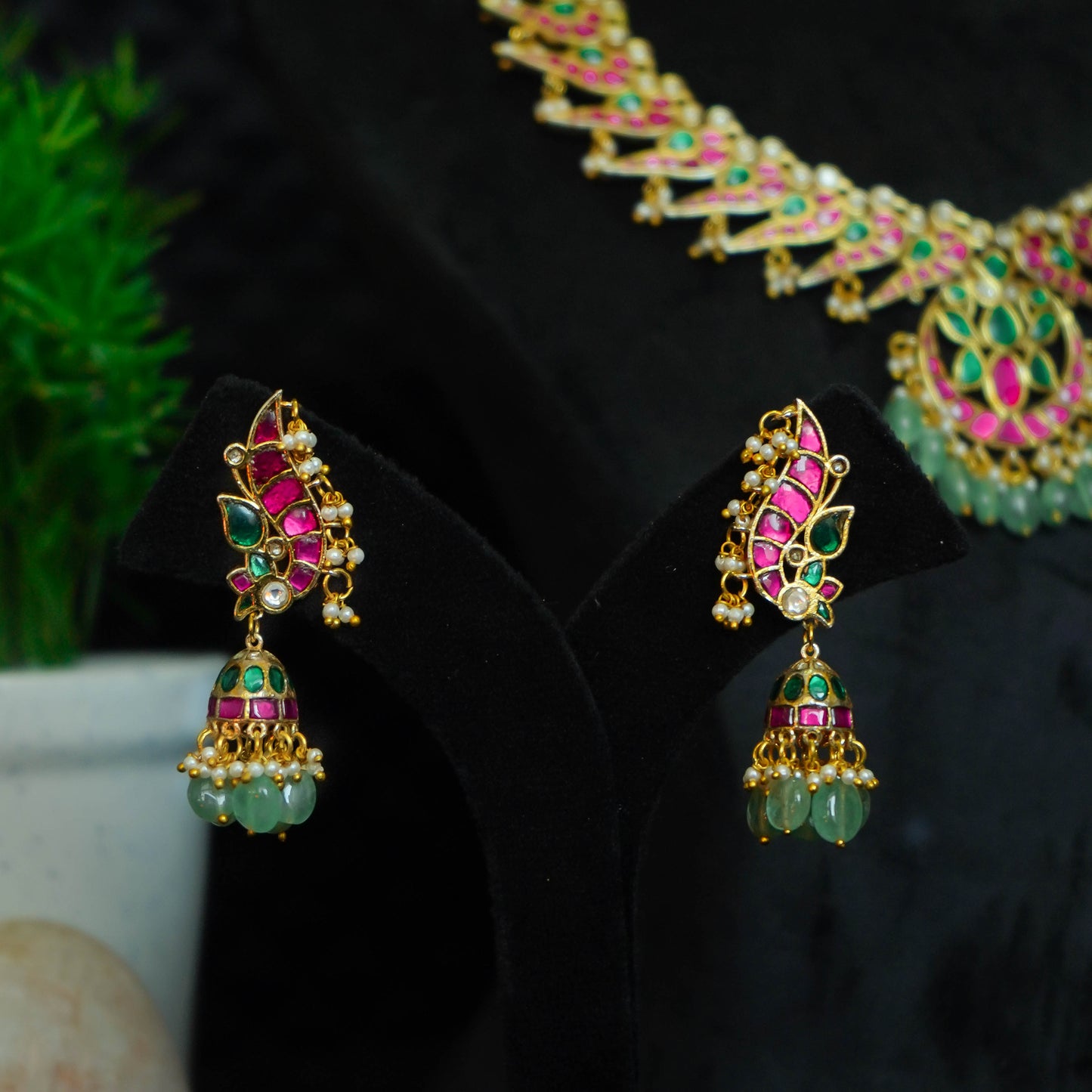 Jadau Kundan Necklace set with Peacock style earrings.