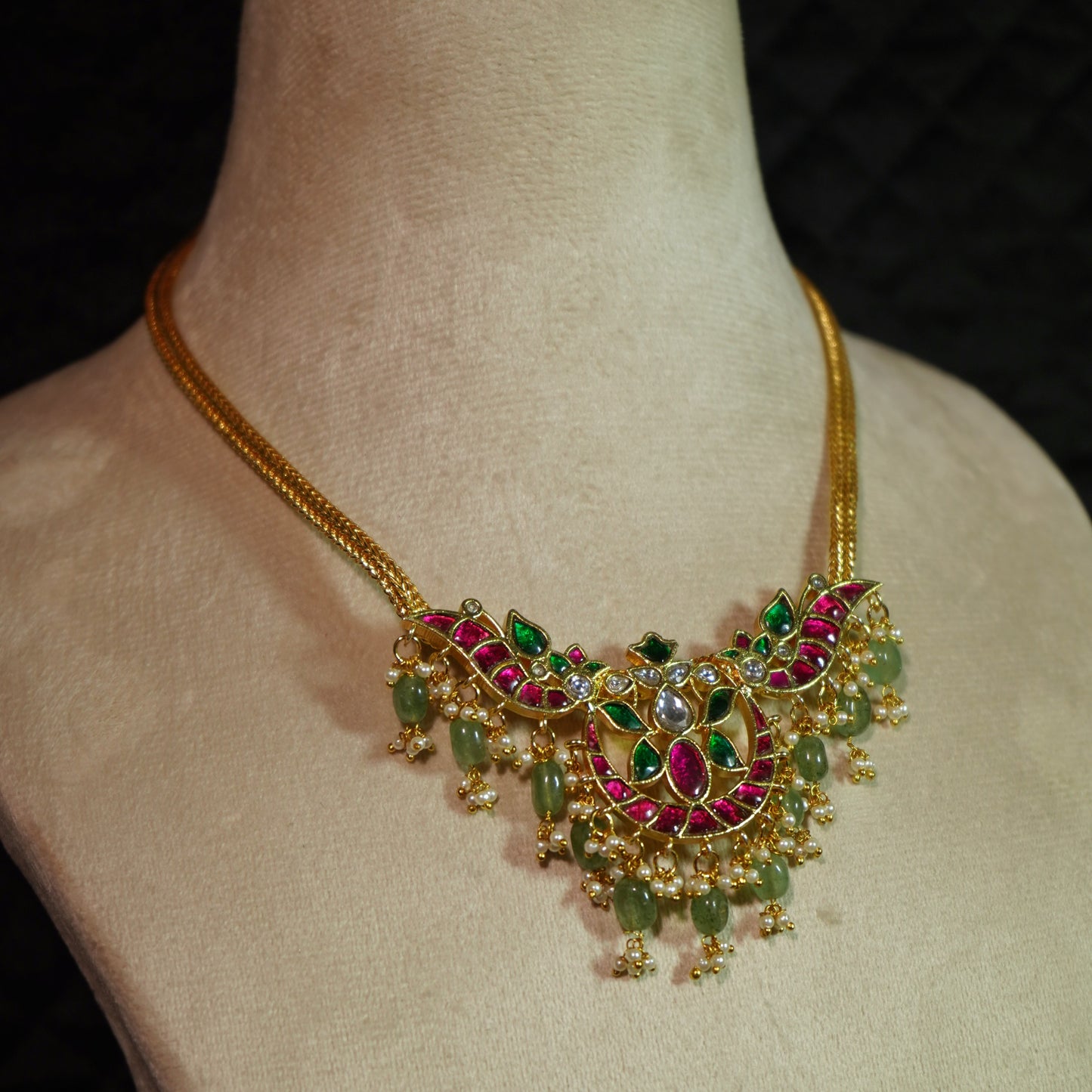 Pearl-Fringed Ruby Crescent Necklace