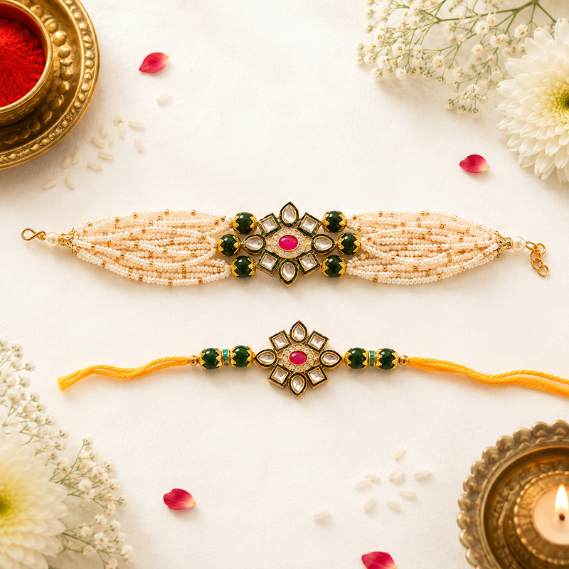 Antique Floral bhaiya bhabhi Kundan Rakhi