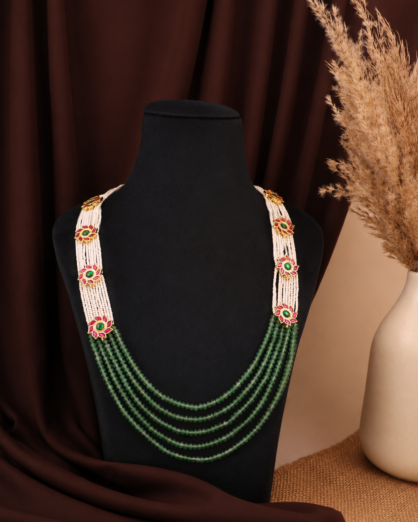 Emerald Pearl Jadau Mala Necklace