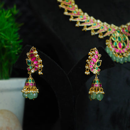 Jadau Kundan Necklace set with Peacock style earrings.