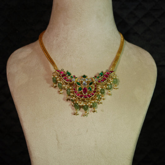 Pearl-Fringed Ruby Crescent Necklace