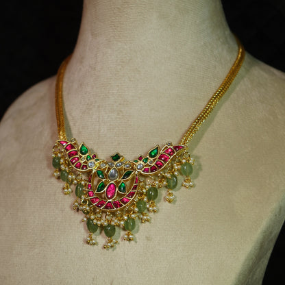 Pearl-Fringed Ruby Crescent Necklace