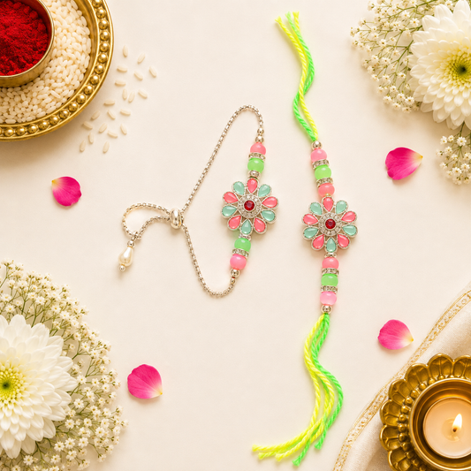 Pastel Floral Bhaiya Bhabhi Rakhi Set