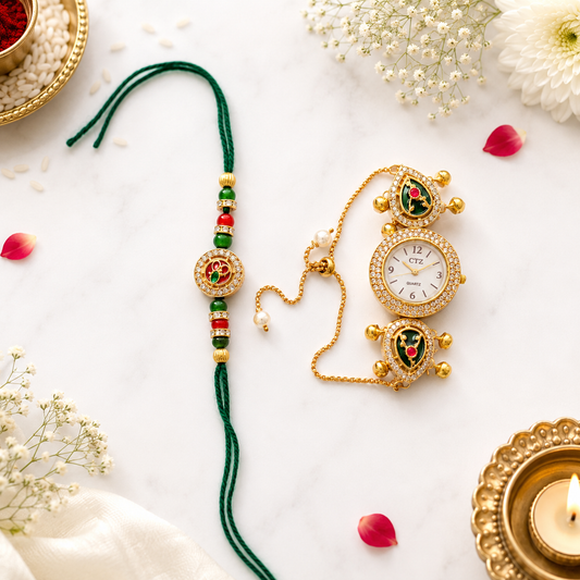 Kundan Bhaiya Bhabhi Watch Rakhi Set