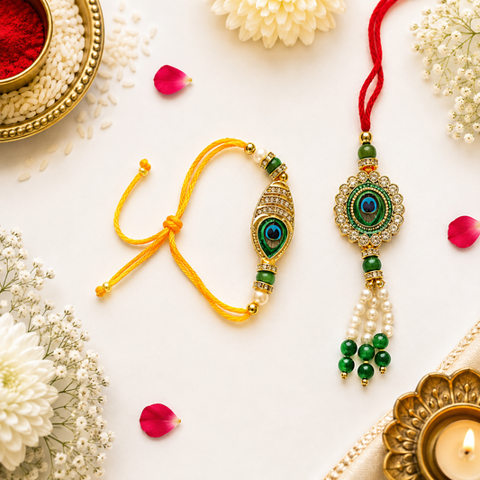 Peacock Charm Bhaiya Bhabhi Rakhi Set