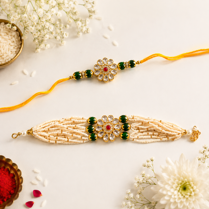 Emerald Pearl Kundan Rakhi