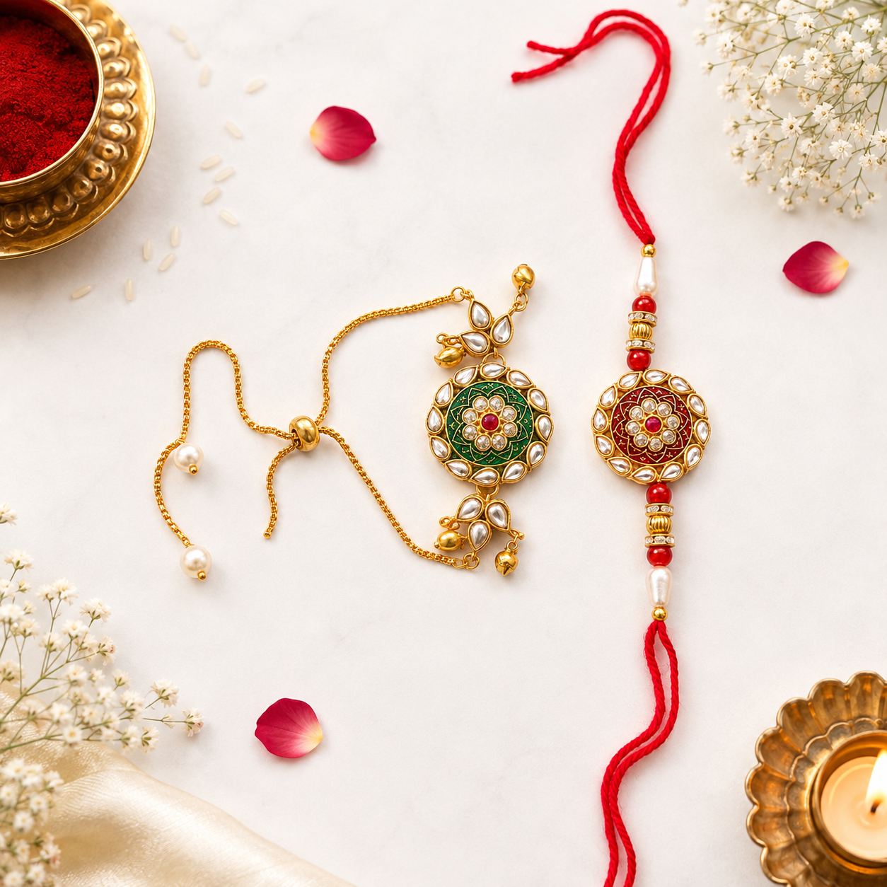 Floral Kundan Bhaiya Bhabhi Rakhi Set