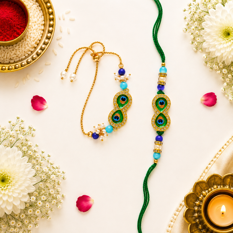 Peacock design Bhaiya Bhabhi Rakhi Set